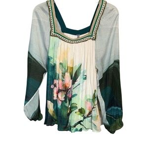 Anthropologie Bl^nk London Watercolor Floral Blouse Crochet Trim Top Size L
